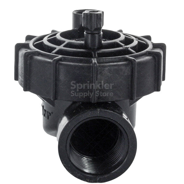 Side view of PGV-100-JT-G-LS jar-top valve highlighting the diaphragm chamber and reinforced plastic body designed for outdoor irrigation use.
