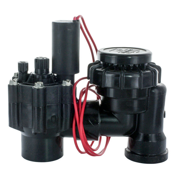 Hunter PGV101ASV 1-inch anti-siphon electric valve, three-quarter view showing flow control handle and female threaded inlet.