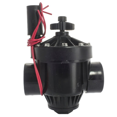 Front view of Hunter PGV-151 1-1/2 inch plastic irrigation valve showing bonnet, flow-control stem, and threaded NPT inlet connection.