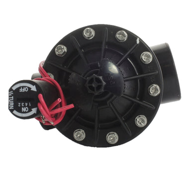 Side profile of Hunter PGV-151 irrigation valve highlighting the bonnet screws, diaphragm housing, and threaded inlet for pipe connection.