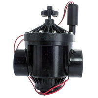 Front view of Hunter PGV-201 2-inch plastic globe/angle irrigation valve showing the flow control knob and two female NPT inlet ports, outdoor-ready.