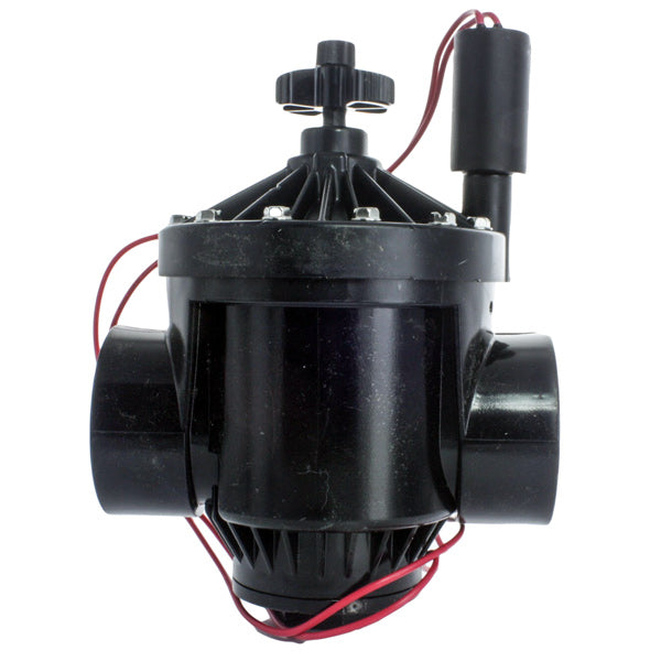 Front view of Hunter PGV-201 2-inch plastic globe/angle irrigation valve showing the flow control knob and two female NPT inlet ports, outdoor-ready.