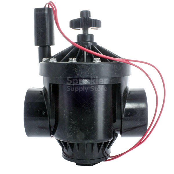 Side profile of Hunter PGV-201 2-inch globe/angle valve showing durable plastic body, diaphragm housing, and female NPT connection for irrigation systems.