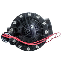 Close-up of Hunter PGV-201 2-inch valve flow control and bonnet area, demonstrating serviceable design and weather-resistant plastic construction.