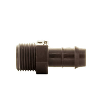 Close-up of Hunter PLD050 adapter showing dual barb profile and threaded 1/2 inch NPT male connection in brown plastic