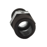 Angled view of PLD050 barb-to-1/2 inch NPT adapter highlighting push-on barb and locking thread detail for dripline