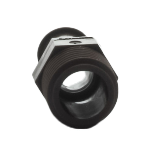 Angled view of PLD050 barb-to-1/2 inch NPT adapter highlighting push-on barb and locking thread detail for dripline