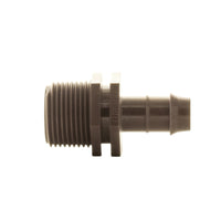Close-up of Hunter PLD075 showing dual barb 17 mm connection and 3/4 in. NPT threads, brown polypropylene irrigation fitting, side view.