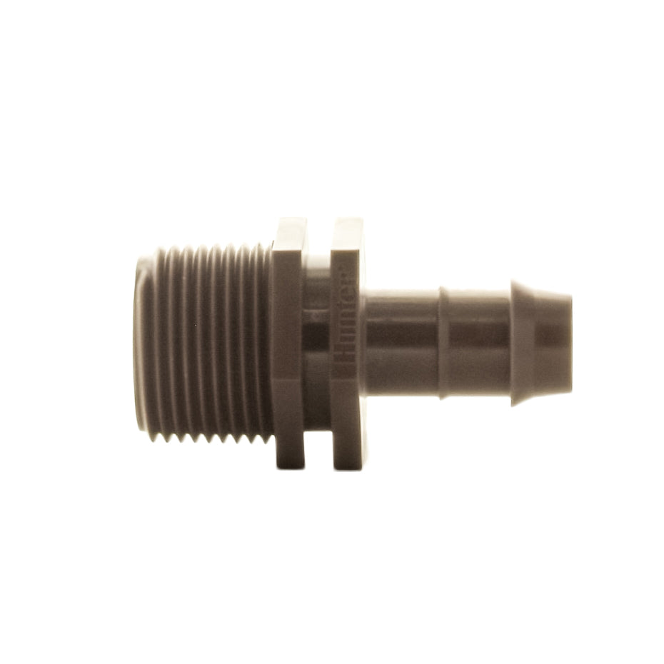 Close-up of Hunter PLD075 showing dual barb 17 mm connection and 3/4 in. NPT threads, brown polypropylene irrigation fitting, side view.