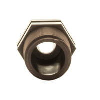 Detail view of PLD075 adapter threaded end and barb profile, highlighting push-on PLD-LOC design and thread locking feature for secure connections.