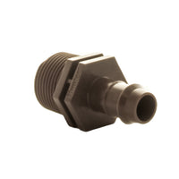 Hunter PLD075 adapter displayed at an angle showing both 3/4 in. NPT threads and 17 mm barb, suitable for PLD dripline repairs and installations.