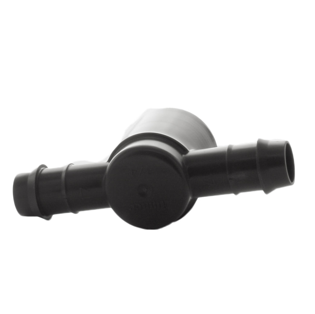 Close-up of PLD075TBTEE barbed tee highlighting 3/4 inch female thread, 17mm barb profile, and smooth molded acetal body for irrigation repairs.