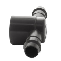 Angled view of Hunter 17mm barb tee showing dual barb retention and threaded female port for easy inline installation and secure tubing fit.