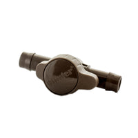 Front view of a 17mm PLD-BV barb ball valve installed beside 17mm dripline, highlighting barb geometry and brown color matching PLD tubing for low-visibility placement.