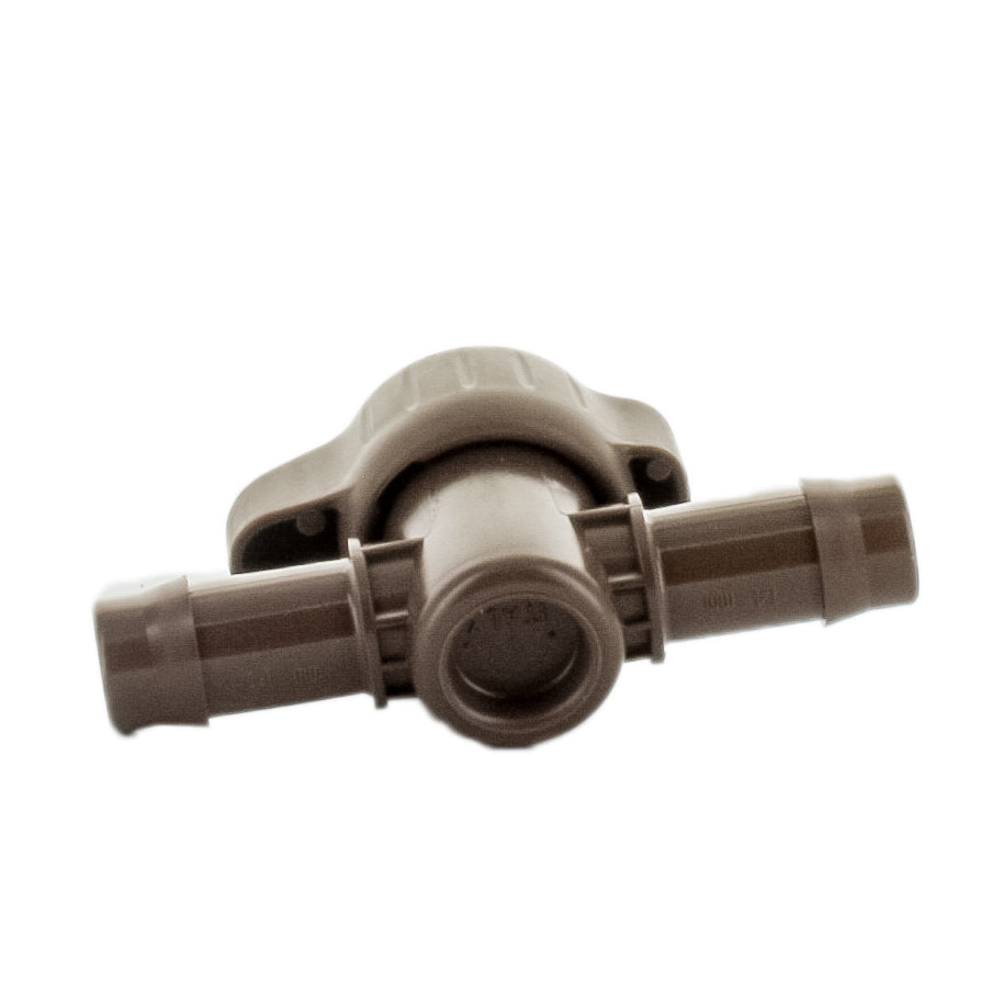 Side profile of PLD-BV 17mm barb ball valve emphasizing compact ball valve body, dual-barb connectors, and installation orientation for inline shut-off points.