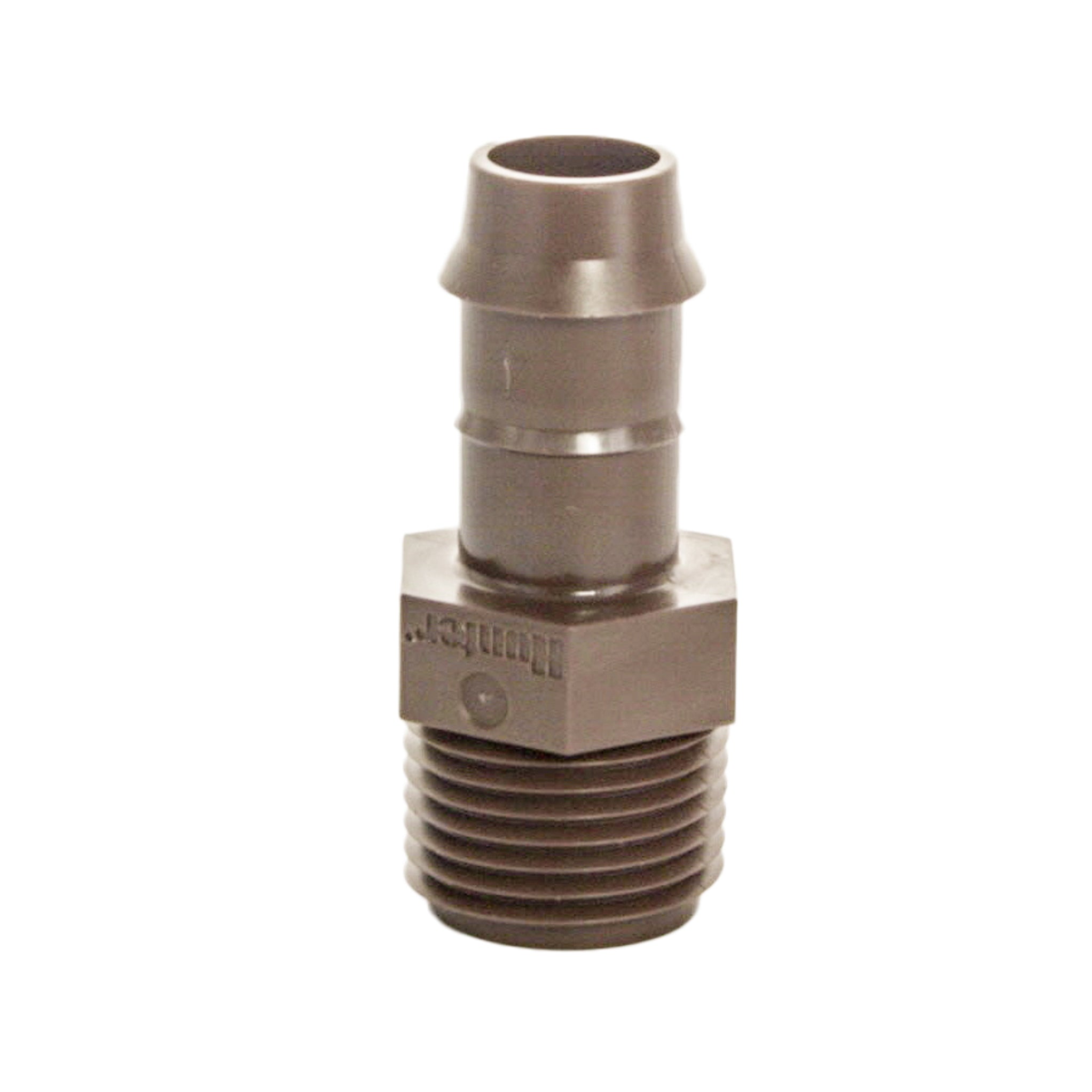 Side view of PLDCAP 17mm barb connector attached to a short section of brown dripline, highlighting barb barb retention detail.