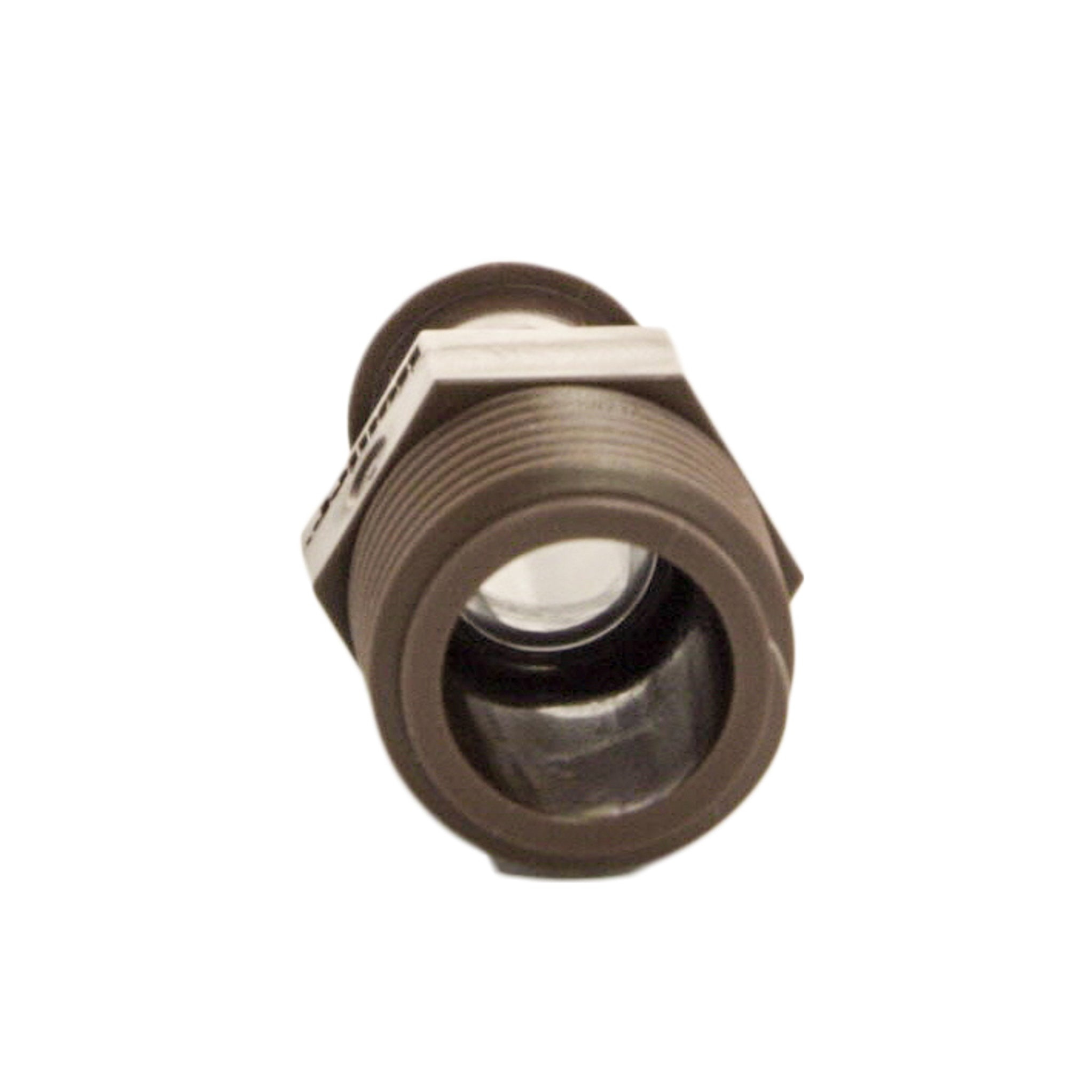Hunter PLDCAP end cap photographed from above to show overall shape, dual barb geometry, and compact profile for irrigation systems.