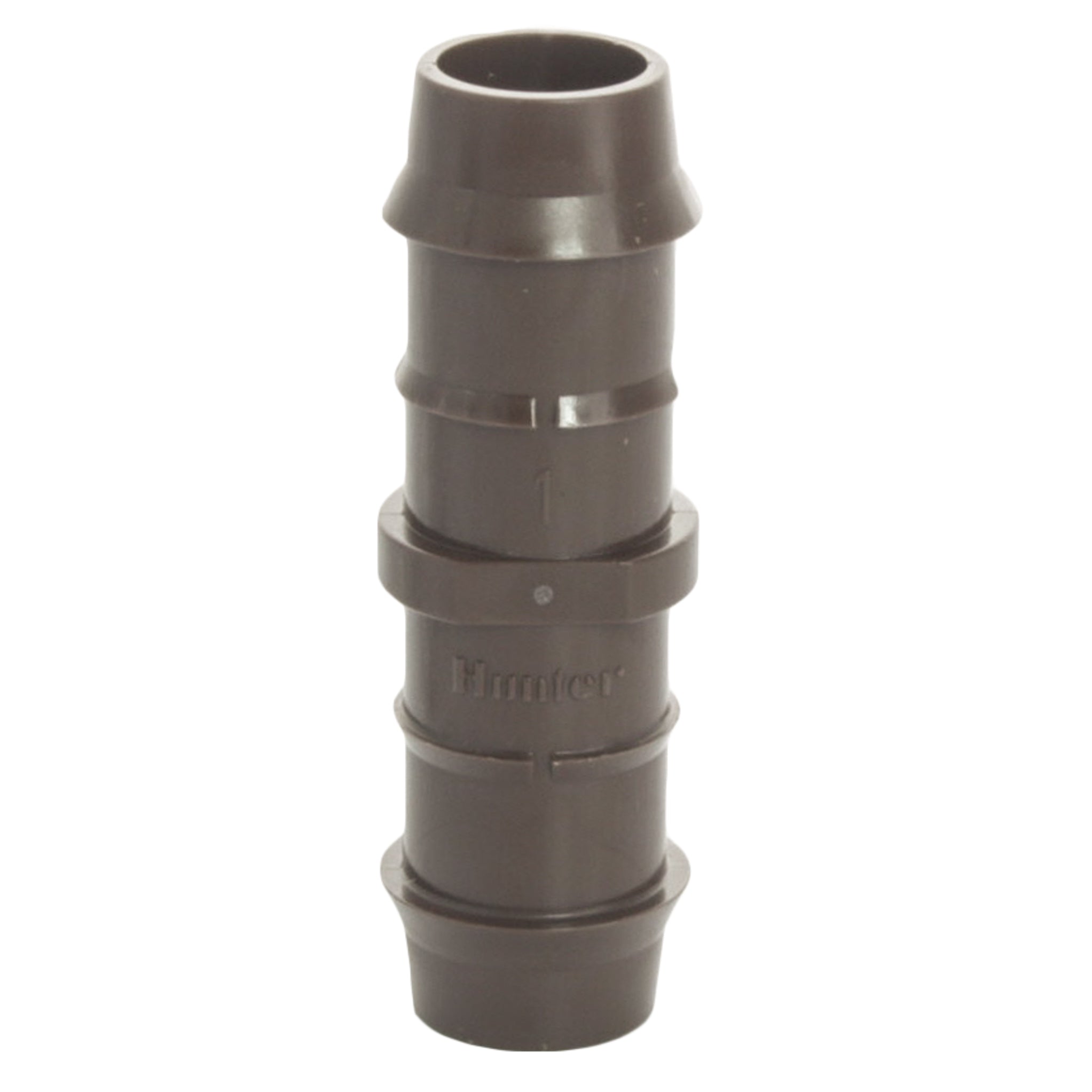 Front-angle view of Hunter PLD-CPL 17mm barb-to-barb coupling in brown glass-filled polypropylene, showing both barbed ends and body profile.