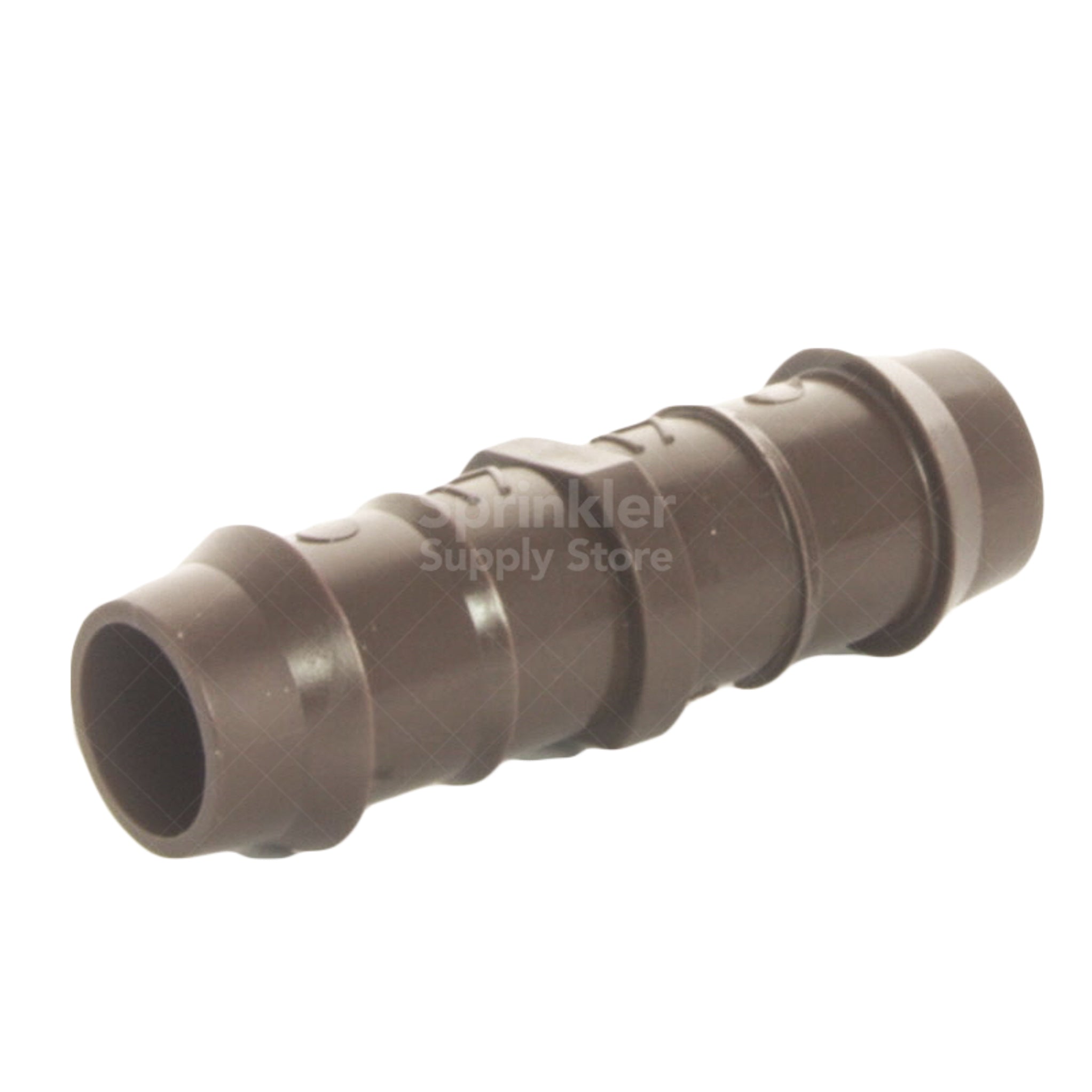 Side view of Hunter PLD-CPL 17mm barb-to-barb coupling showing insertion profile and dual barbs for secure, watertight connection.
