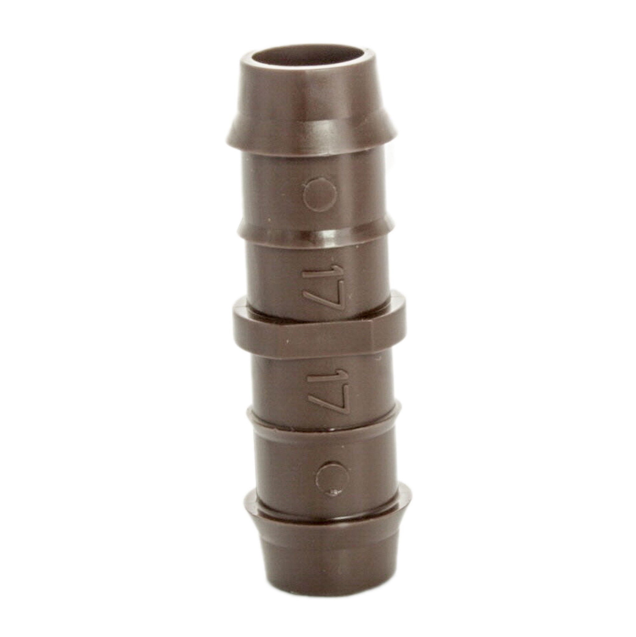 Hunter PLD-CPL 17mm barb coupling displayed against white background to show scale, shape and durable glass-filled polypropylene construction.