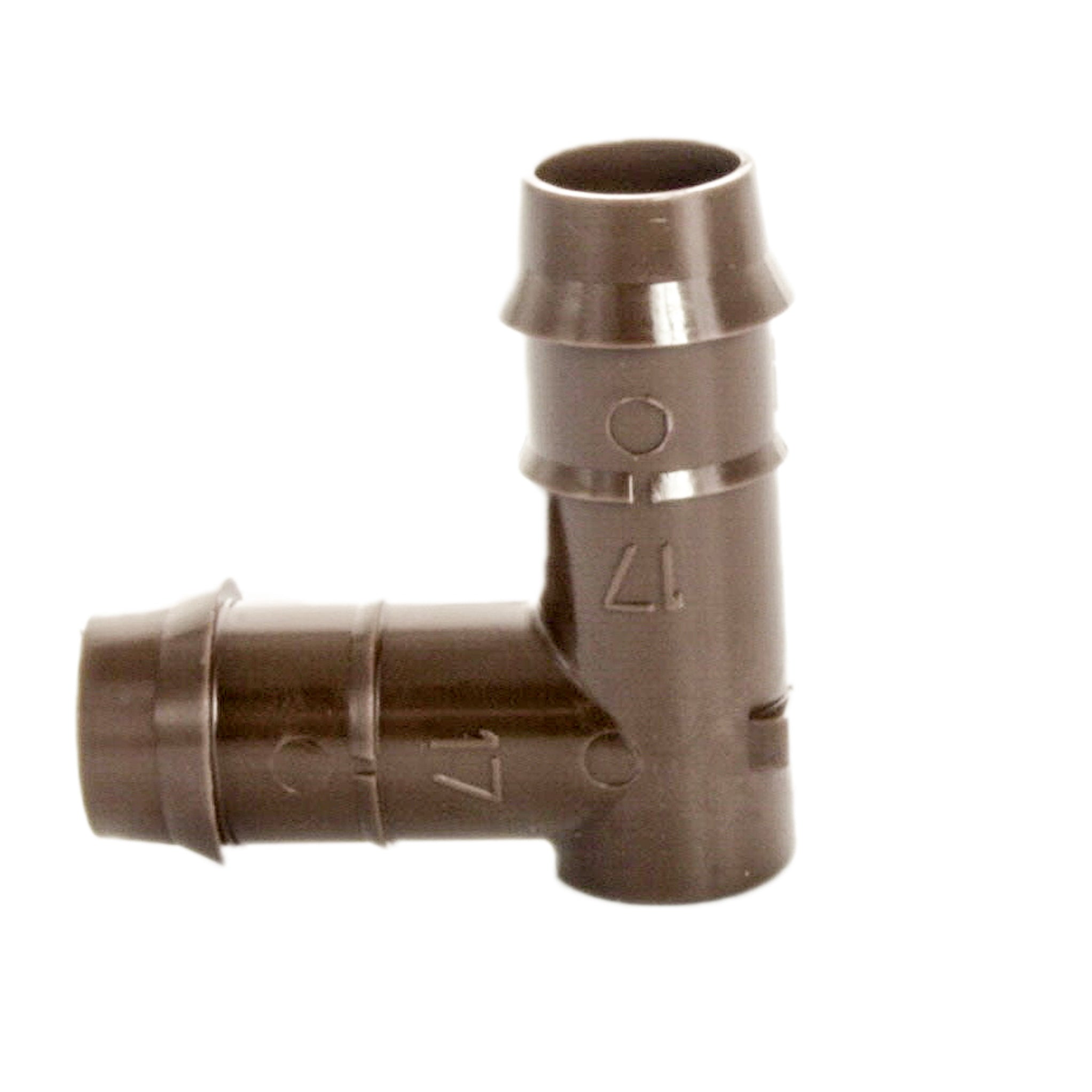 Brown Hunter PLDELB barb elbow photographed at an angle, highlighting the 90-degree bend and dual-barb connection for 17mm drip tubing.