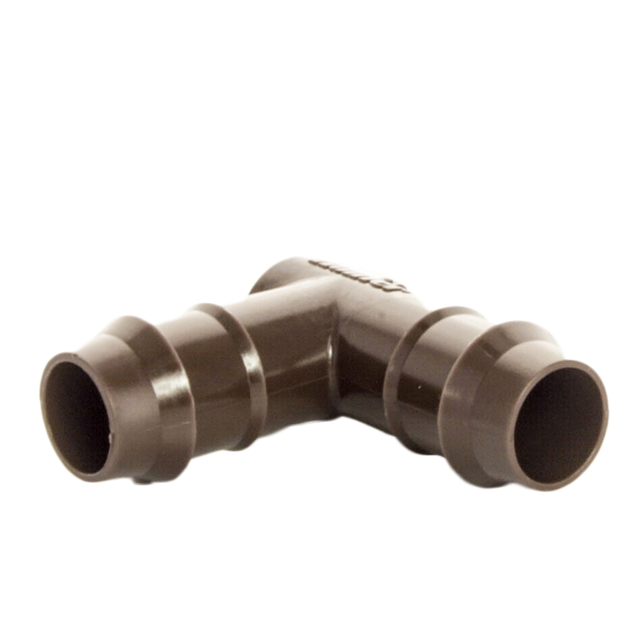 Close-up of PLDELB 17mm barb elbow showing barb detail and connection profile suitable for PLD dripline, brown finish.
