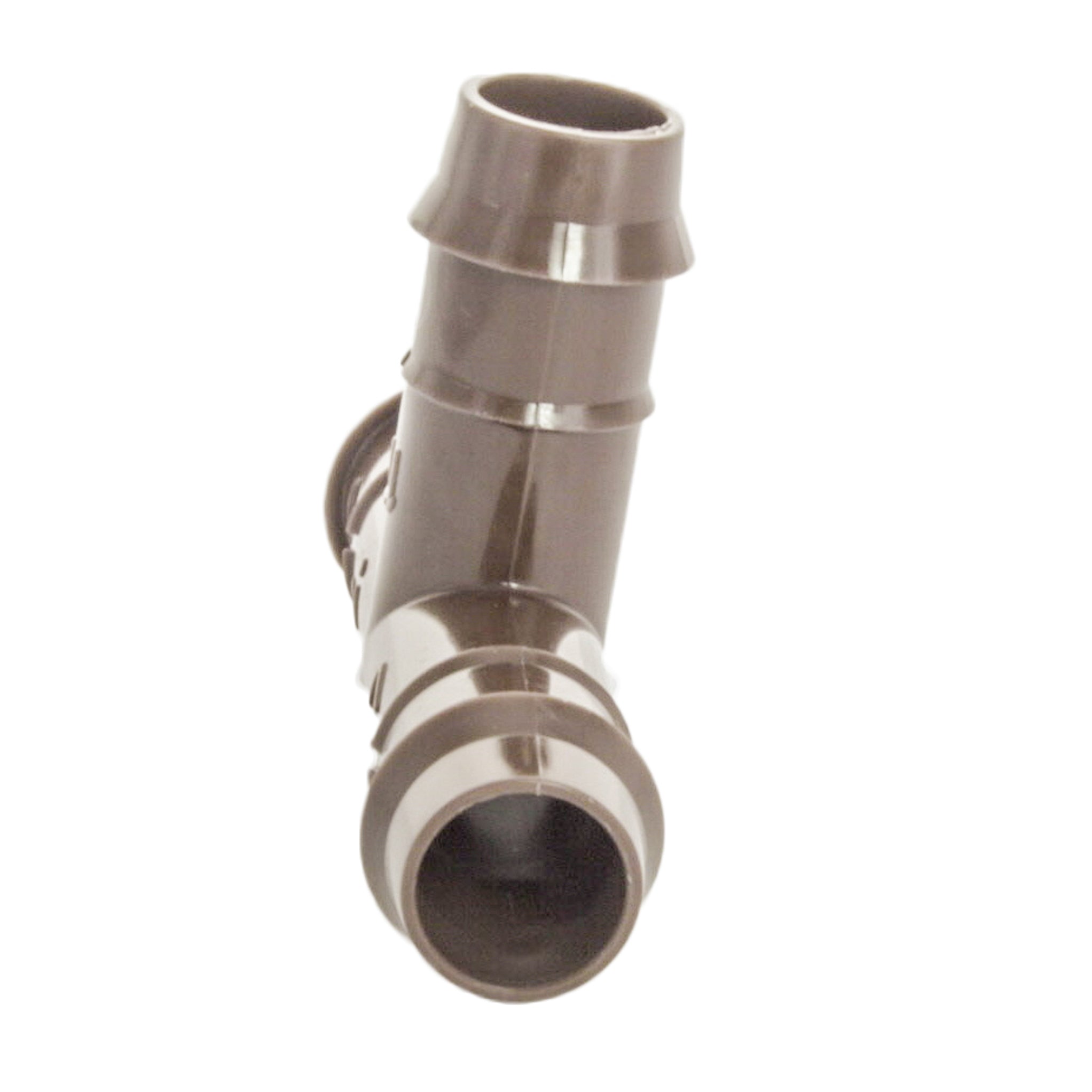 Side angle of Hunter PLD-TEE 17 mm barbed fitting highlighting the push-on barb and threaded locking ribs for secure tubing connection, on white background.