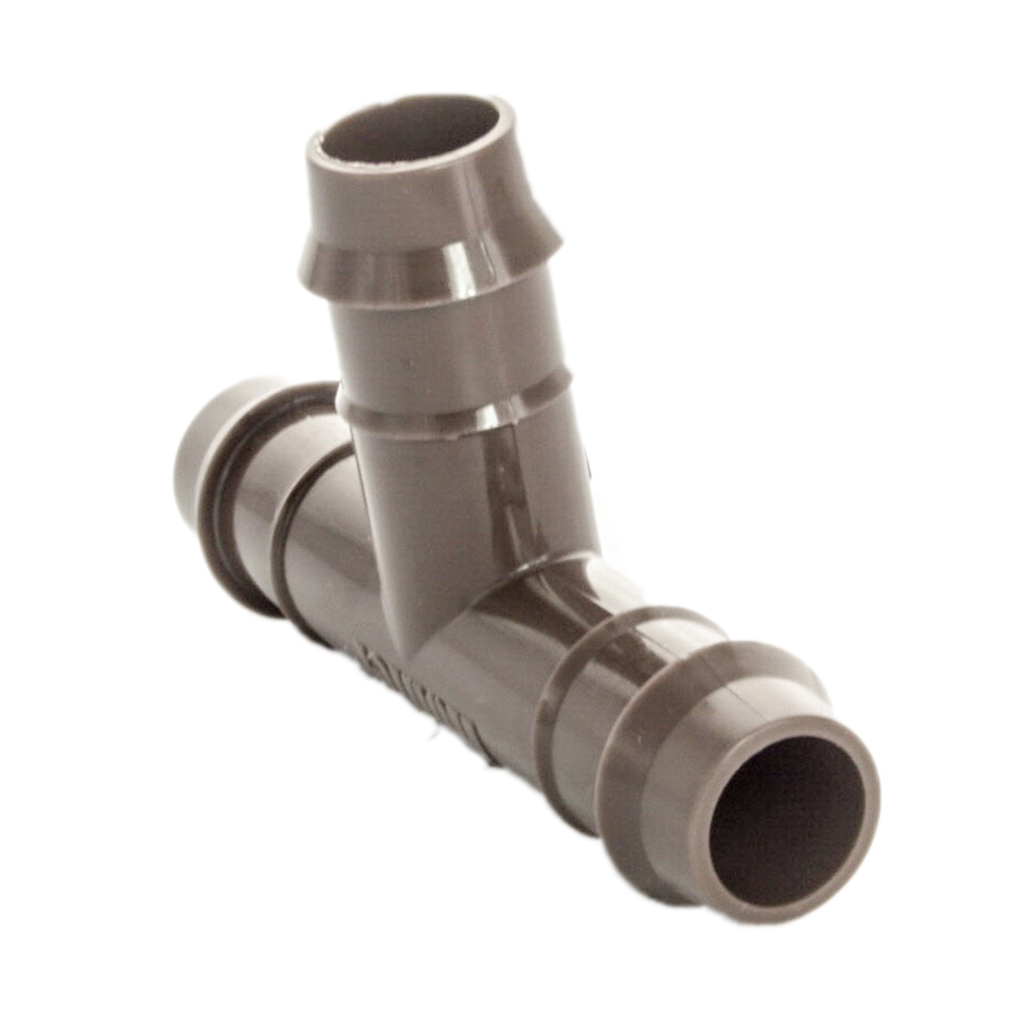Close-up of the Hunter PLD-TEE barb showing sharp barbs and interior profile designed to grip 17 mm dripline (ID approx. 0.520"–0.620"), product on white background.