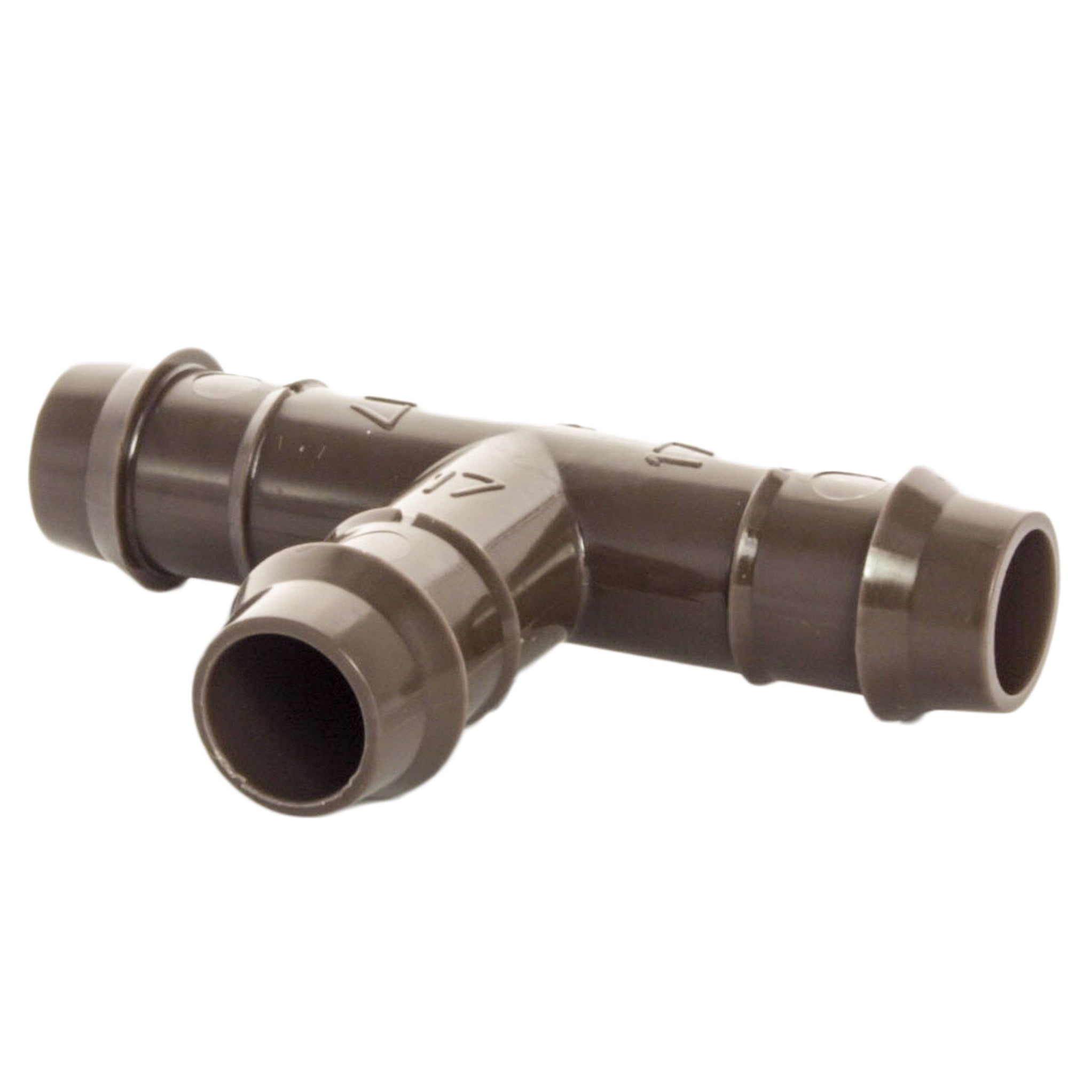 Hunter PLD-TEE 17 mm barbed tee placed beside a length of 17 mm dripline to show fit and scale; black glass-filled polypropylene fitting on white background.