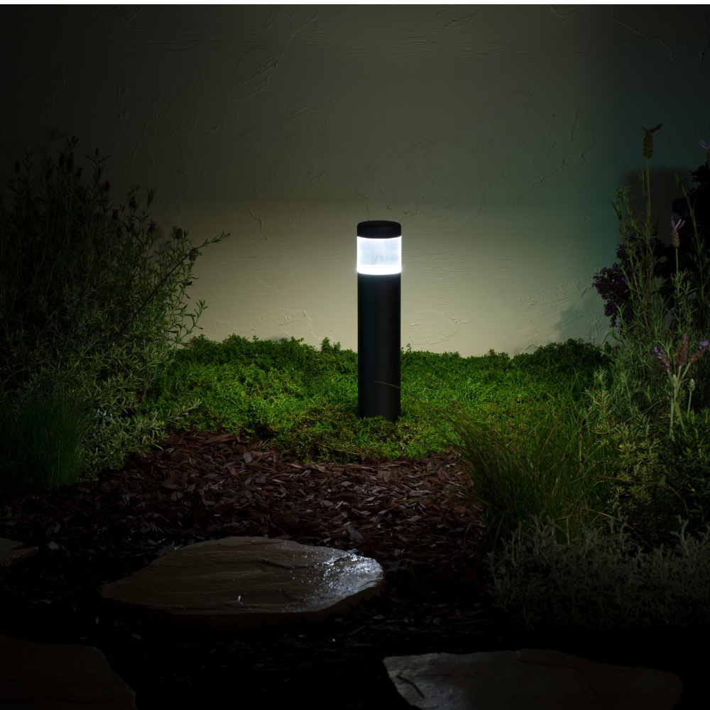 Close view of FX PM Luxor ZDC path light head in Flat Black finish showing ProAim adjustability, integrated LEDs, and marine-grade powder coat protection.
