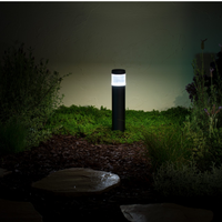 Close view of FX PM Luxor ZDC path light head in Flat Black finish showing ProAim adjustability, integrated LEDs, and marine-grade powder coat protection.