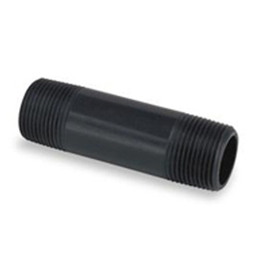 Front view of a 1/2" x 2" Schedule 80 PVC TBE nipple (PNIPB050-020) displaying MPT-compatible threads on both ends and uniform wall thickness for pressure applications in irrigation systems.