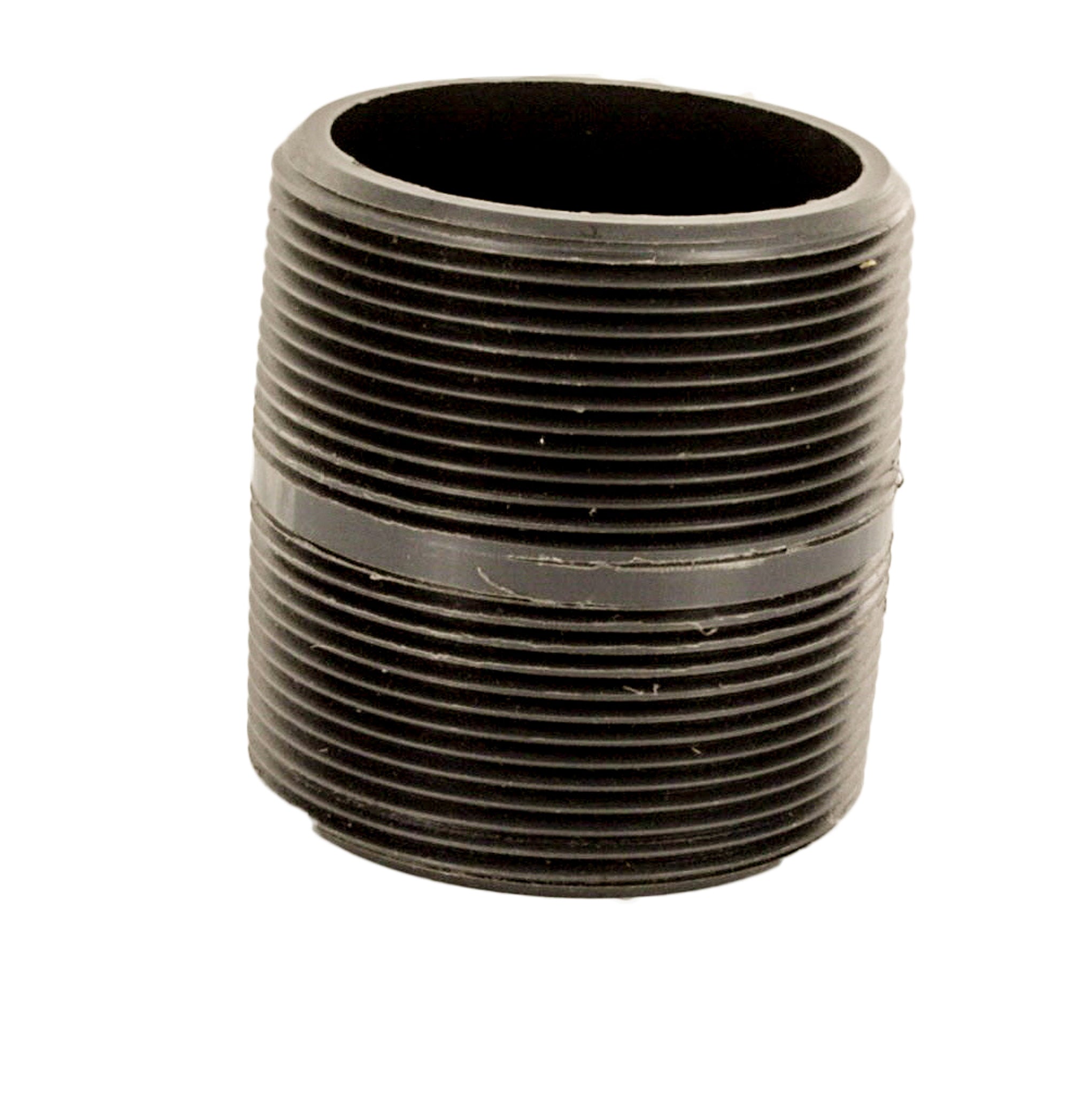 Front view of 2" Schedule 80 close threaded nipple, showing male pipe threads on both ends and short length.