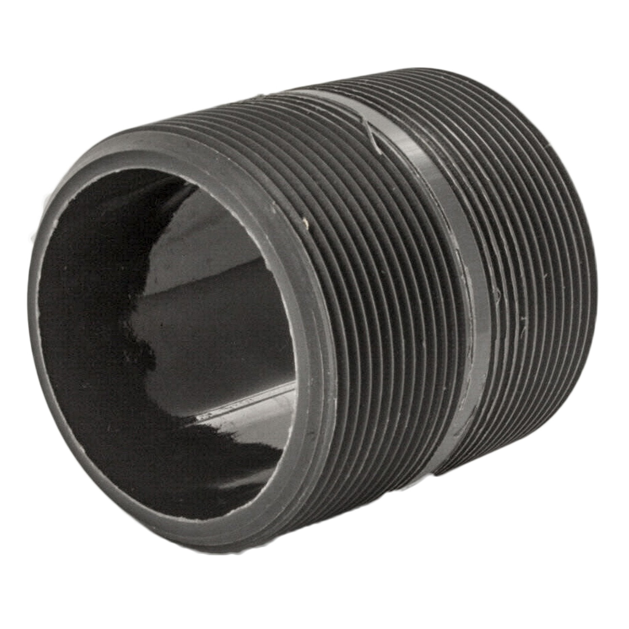 Close-up of male threads on DURA PNIPB100-000 1" Schedule 80 PVC nipple, highlighting thread form and molded end finish.
