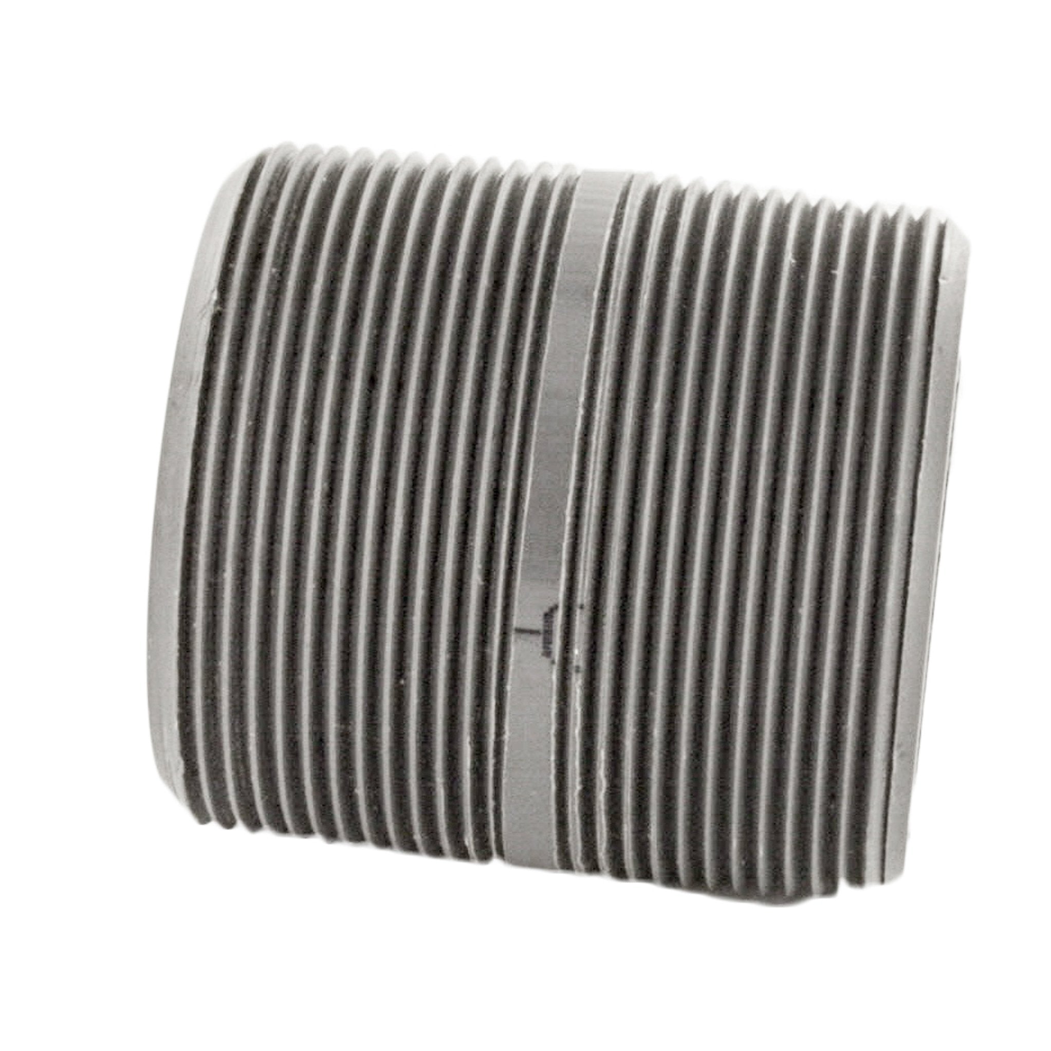 Angled view of DURA PNIPB100-000 1-inch Schedule 80 PVC close nipple with threaded both ends showing full threaded profile.