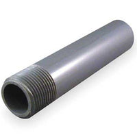 Front-angle product photo of DURA 2-1/2 in x 6 in Schedule 80 PVC toe nipple, threaded on one end, white PVC fitting on plain background (clear view of threads and body).