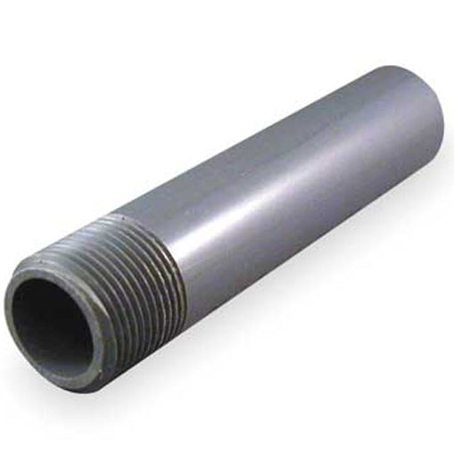 Front-angle product photo of DURA 2-1/2 in x 6 in Schedule 80 PVC toe nipple, threaded on one end, white PVC fitting on plain background (clear view of threads and body).