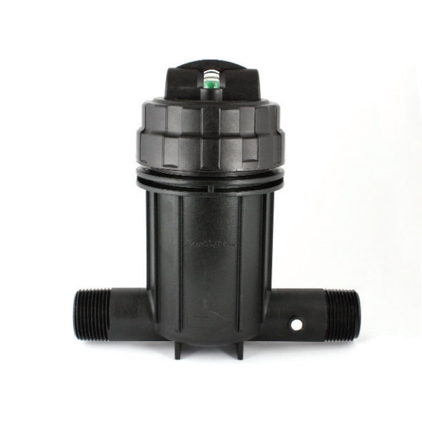 Rain Bird PRB-QKCHK-100 1-inch pressure-regulating basket filter with clear Quick-Check cap and stainless steel screen.