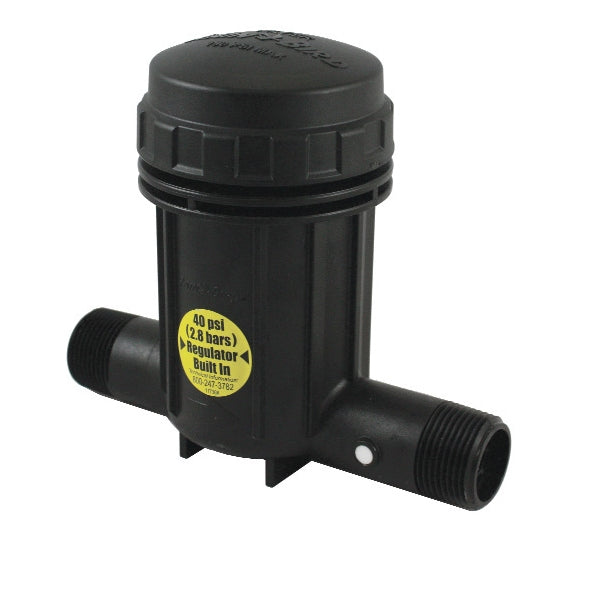 Rain Bird PRB100 1-inch pressure-regulating basket filter in glass-filled nylon with stainless-steel mesh screen, threaded cap visible