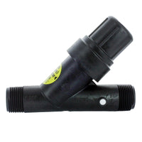 Rain Bird PRF100RBY 1-inch pressure-regulating screen filter, front angle showing body, cap and inlet/outlet threaded connections.