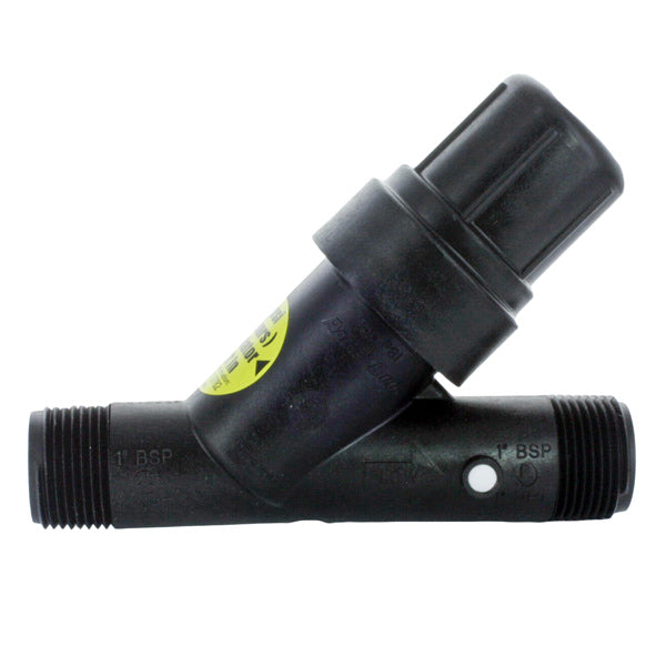 Rain Bird PRF100RBY 1-inch pressure-regulating screen filter, front angle showing body, cap and inlet/outlet threaded connections.