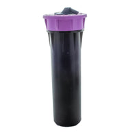 Front view of Hunter Pro-Spray PRS30 4" pop-up sprinkler body showing 30 PSI regulator, built-in check valve and purple reclaimed-water ID cap.