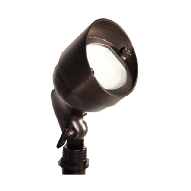 Pro-Trade FL2 compact flood light in antiqued brass with integrated 2.5W 2700K T3 LED and ground stake, front-angle product view