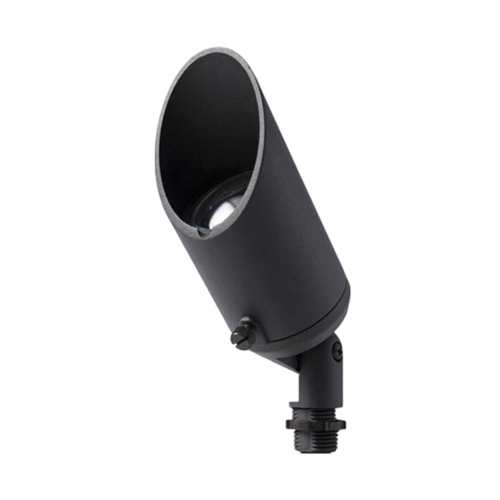 Black Pro-Trade BUL1 aluminum uplight with 3W 2700K MR16 LED, clear tempered lens, dual silicone O-ring seal, and ABS slotted ground stake visible beneath the fixture.