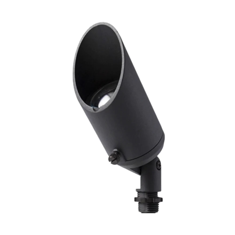 Close-up of Pro-Trade BUL1 up light in black finish with MR16 LED installed, showing housing, trim, and beam direction for accent illumination.