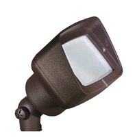 Pro-Trade FL1 low-voltage flood light in bronze finish, cast-aluminum housing on an in-ground stake, adjustable head for wall-wash lighting.