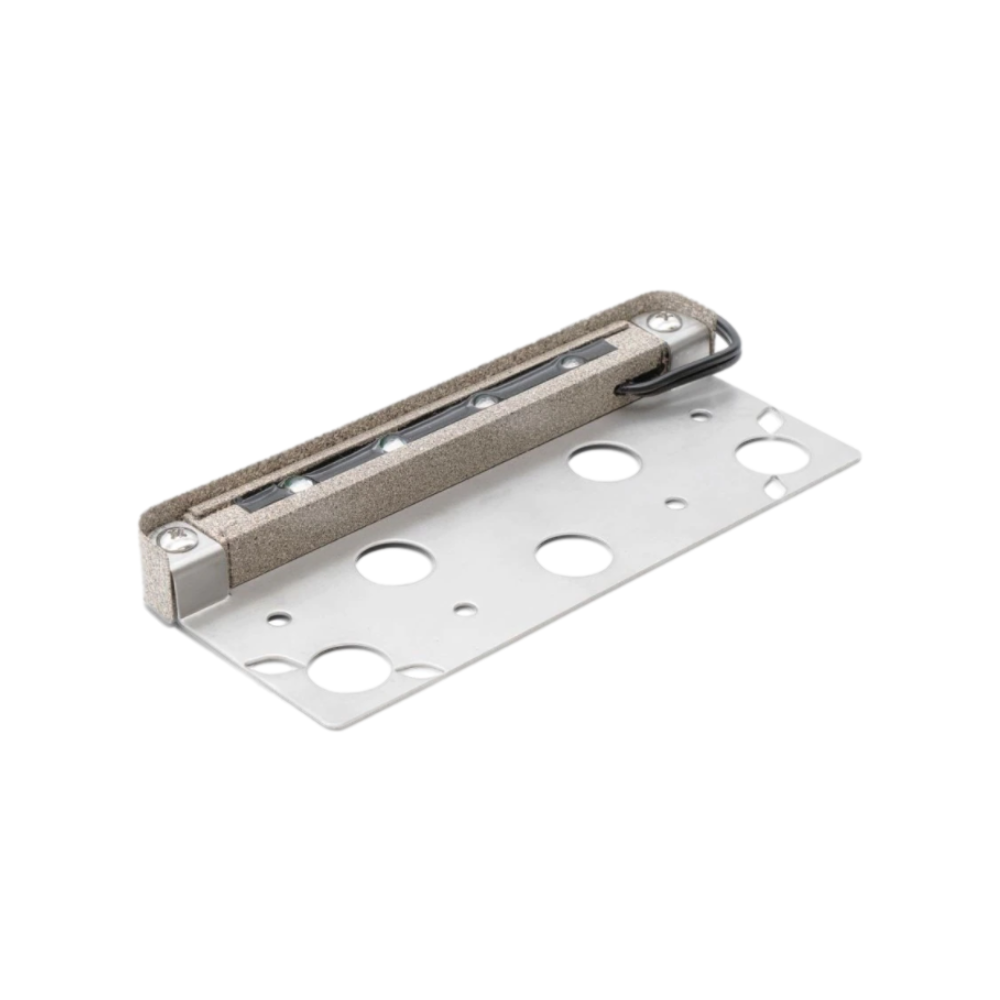 Pro-Trade LL1 ledge light in light granite finish, front view showing 7 inch glare guard and stainless mounting plate for outdoor steps and walls.