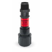 Close-up of Rain Bird PRS-050-30 1/2" retrofit pressure regulator showing inlet, swivel outlet, and built-in 200-mesh screen for drip irrigation retrofit.