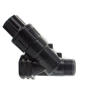 Front view of Netafim PRV075HF25V2K 3/4" high-flow pressure regulator showing the main body and female/male threaded ends for inline installation.