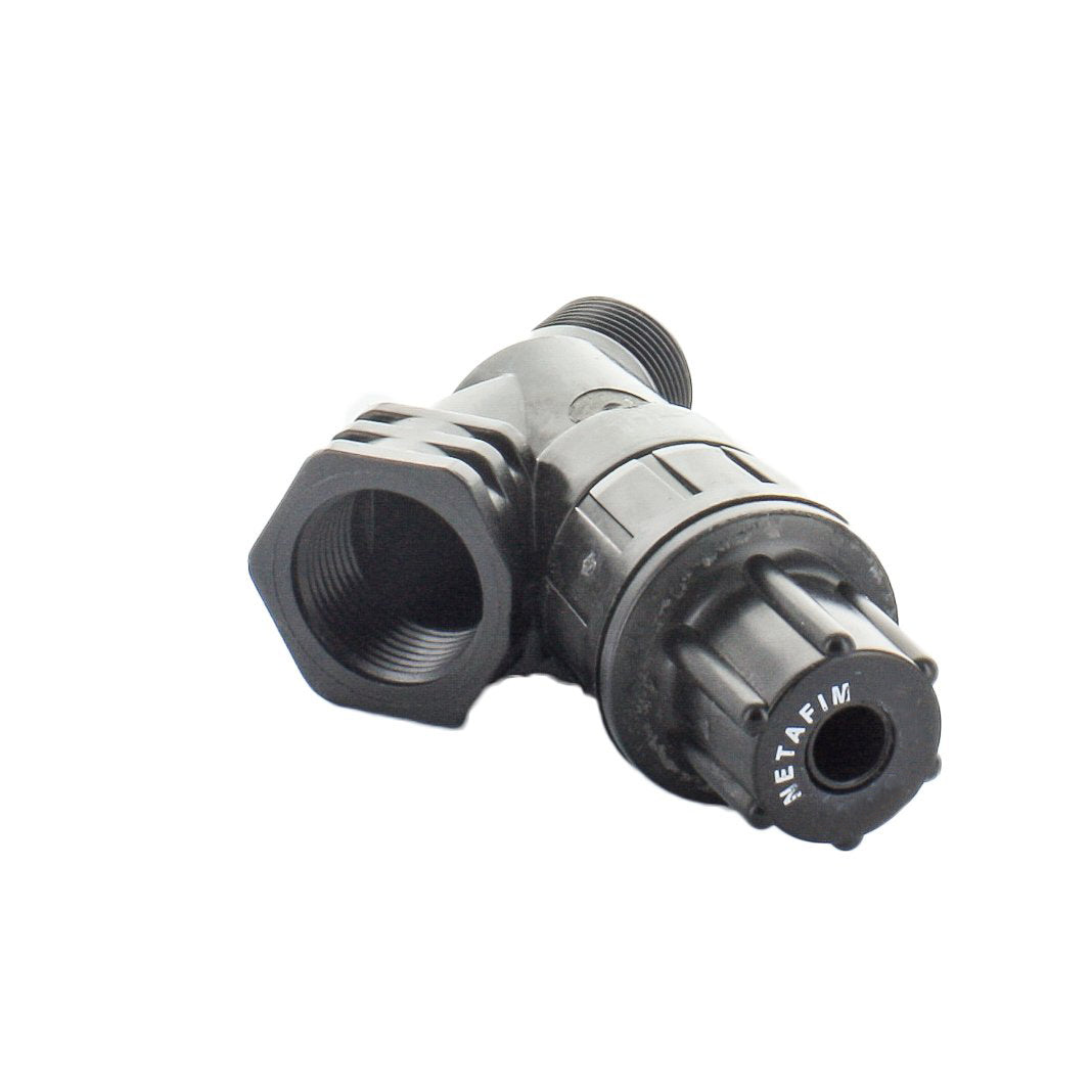 Angled view of Netafim PRV075HF35V2K pressure regulator highlighting the 3/4" FPT inlet side, molded housing details, and indicator window.